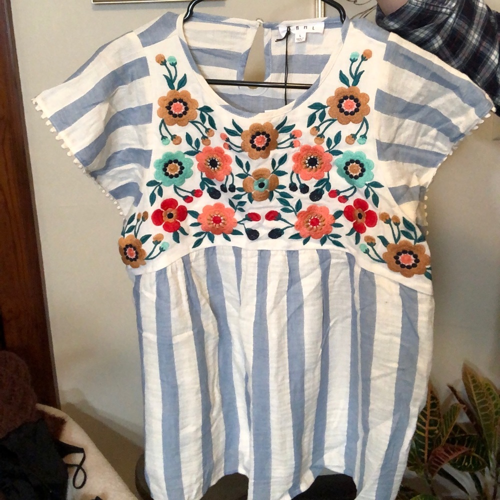 Floral & Wide Striped Cotton Blouse